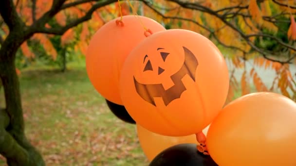 Cadılar Bayramı Balonları Sonbahar Parkında Turuncu Siyah — Stok video