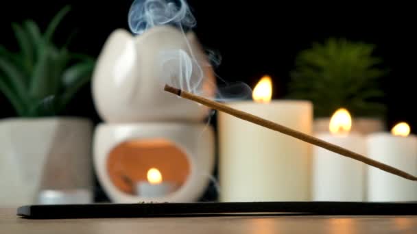 Burning Incense Stick Aroma Lamp Aromatherapy — Stock Video