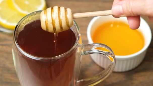 Přidávání Medu Černého Čaje Vaření Vitamínu Zdravý Čaj — Stock video