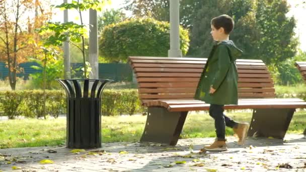 一个男孩把垃圾扔进公园的垃圾桶里 — 图库视频影像