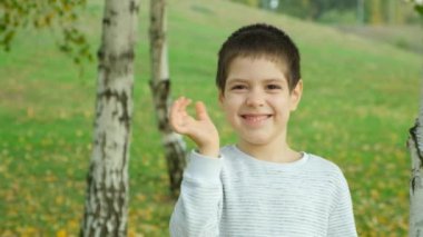 Sonbahar parkında elini sallayan 6 yaşında tatlı bir çocuk. Çocuklar selamlıyor..