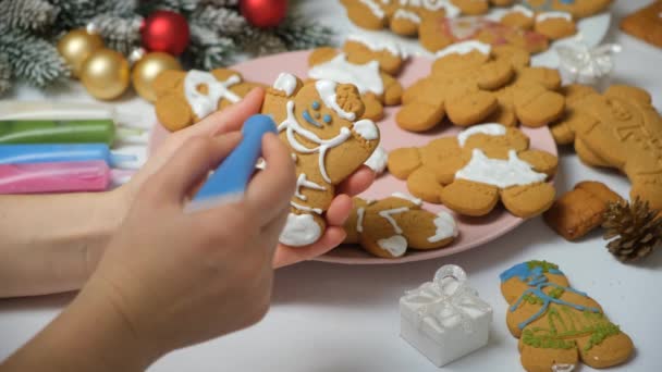砂糖多色のアイシングでクリスマスジンジャーブレッドを飾る — ストック動画