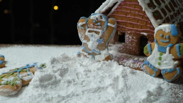 Lebkuchen Männerform Fällt Aus Puderzucker Den Schnee — Stockvideo