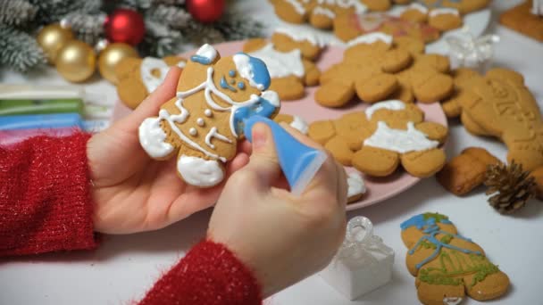 砂糖多色のアイシングでクリスマスジンジャーブレッドを飾る — ストック動画