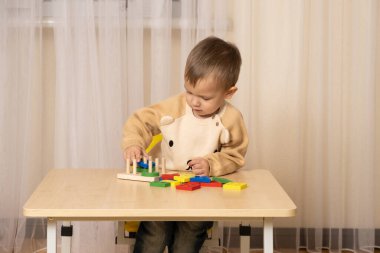İki yaşındaki bir çocuk, mantık ve motor becerilerini geliştirmek için tahta oyuncaklarla oynar..