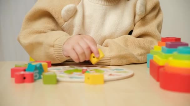 Niño Jugando Con Juguetes Montessori Multicolores Madera Primer Plano Las — Vídeos de Stock