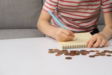 Çocuk finansal okuryazarlığı öğreniyor, birikimlerini bir deftere yazıyor..