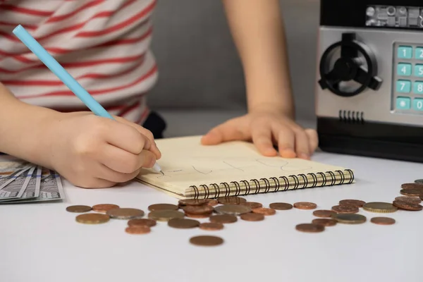 A preschooler child records and calculates financial expenses. Literacy for children, coins
