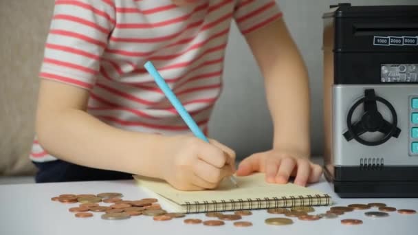 Uma Criança Registra Calcula Despesas Financeiras Alfabetização Para Crianças Moedas — Vídeo de Stock