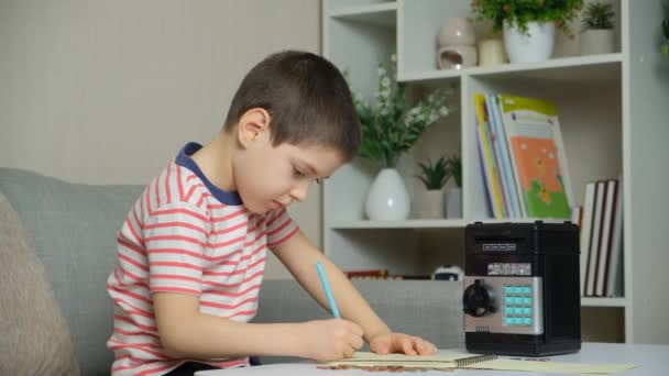 Een Kleine Jarige Jongen Schrijft Zijn Zakgeld Een Notitieboekje Financieel — Stockvideo