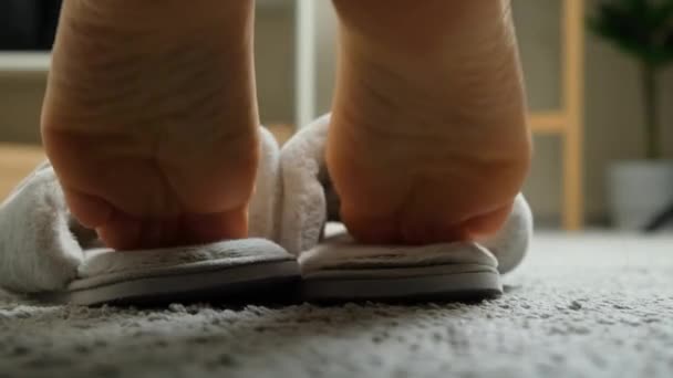 Piedi Delle Donne Mettono Pantofole Escono Vista Sotto Divano — Video Stock