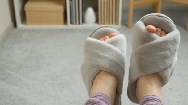 Stilvolle Moderne Graue Hausschuhe Weiblichen Füßen Bequeme Kleidung Und Schuhe — Stockvideo