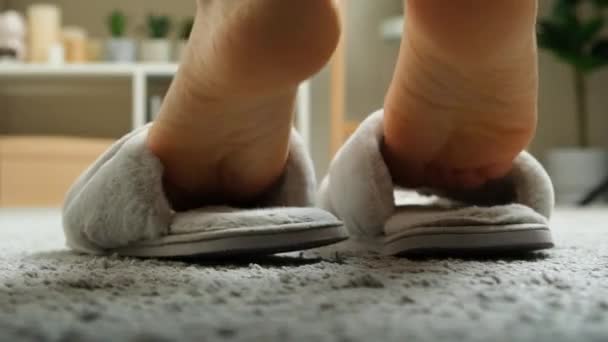 Kadınların Ayakları Terliklerini Giyip Dışarı Çıkar Kanepenin Altından Bak — Stok video