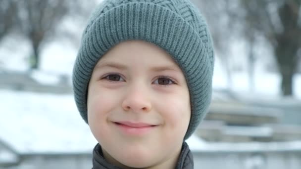 Liten Sexårig Pojke Varm Hatt Ler När Han Går Vinterparken — Stockvideo