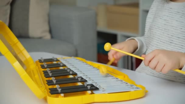 Botokkal Játszik Egy Fémötvözeten Gyermek Ütőhangszeren Játszik Kezek Közelről — Stock videók