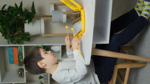 Ett Sexårigt Barn Spelar Metallofon Ett Slagverk Vertikal Fotografering Video — Stockvideo