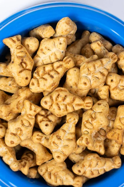 A treat for cats and kittens is a fish-shaped catnip cookie in a blue bowl