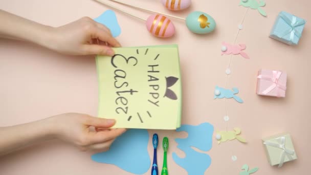 Tandheelkundige Pasen Met Handen Tanden Figuurtjes Ansichtkaart Met Happy Easter — Stockvideo