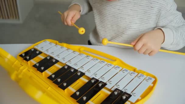 メタフォンでスティックで遊ぶ パーカッション楽器を演奏する子供 手のクローズアップ — ストック動画
