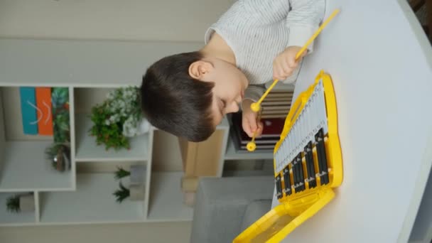 6歳の子供は パーカッション楽器であるメタロフォンを演奏しています 音による垂直撮影 — ストック動画