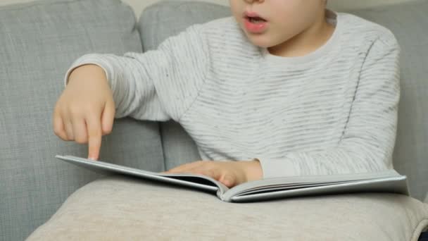 Lkokul Çocuğu Kitap Okuyor Sayfayı Işaret Ediyor Elleri Yakın Yavaş — Stok video
