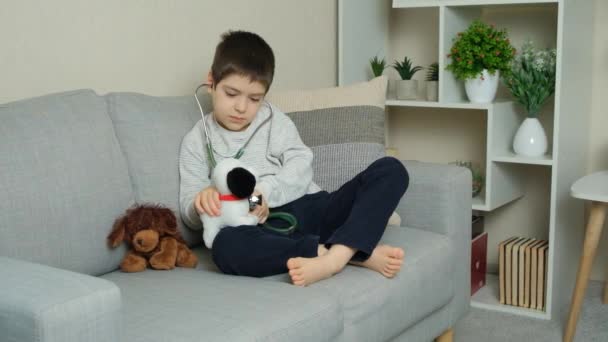Малыш Доктор Слушает Игрушечную Плюшевую Собаку Стетоскопом — стоковое видео