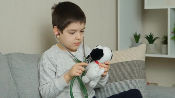 小さな子供の医師は 歯科鏡を持つおもちゃのプッシュドッグを聞いています — ストック動画