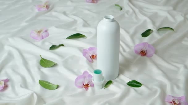 Natural Liquid Laundry Detergent Floral Scent Background Satin Fabric — Stock Video