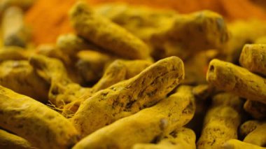 Kurutulmuş zerdeçal kökü ve zerdeçal tozu yakın çekim makrosu