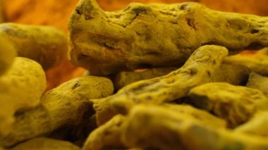 Kurutulmuş zerdeçal kökü ve zerdeçal tozu yakın çekim makrosu