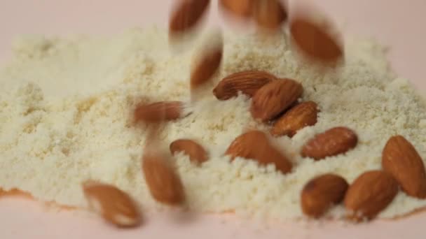 Almonds Falling Almond Flour Side View Macro Slow Motion — Stock Video