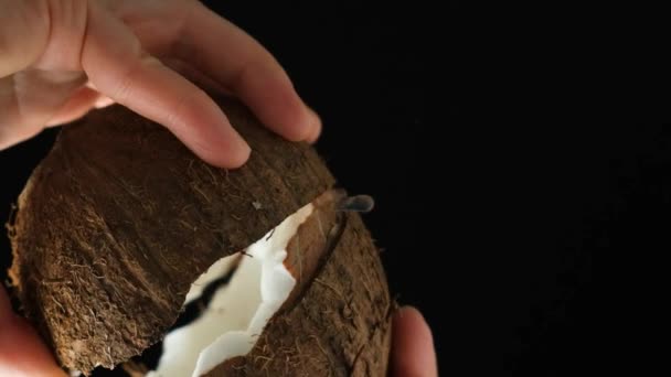 Eine Person Öffnet Kokosnuss Kokossaft Auf Schwarzem Hintergrund Hände Großaufnahme — Stockvideo