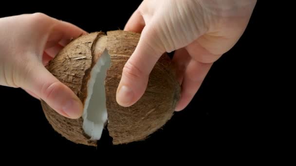 Person Opening Coconut Black Background Hands Close — Stock Video