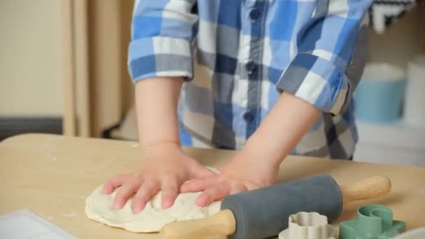 Çocuk Elleriyle Hamur Yoğuruyor Mutfakta Hamur Işleri Pişiriyor Elleri Yakın — Stok video