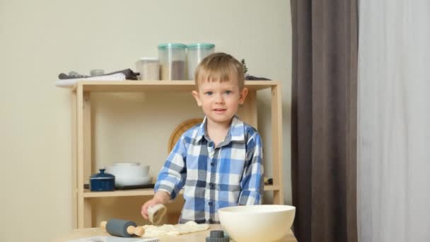 キッチンでクッキーカッターと生地を使用してクッキーを作る小さな少年 — ストック動画