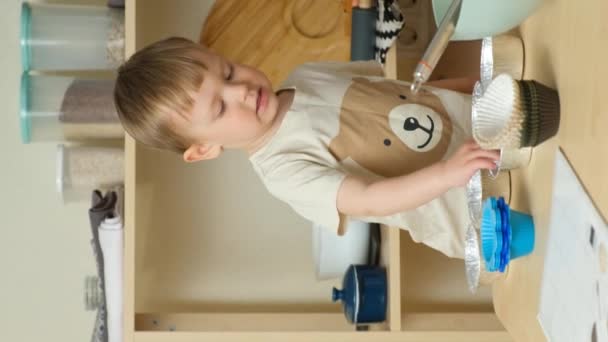 カップケーキを調理する準備をしている小さな少年は 彼の指でマフィンティンを指し 垂直の遅い動きを指します — ストック動画