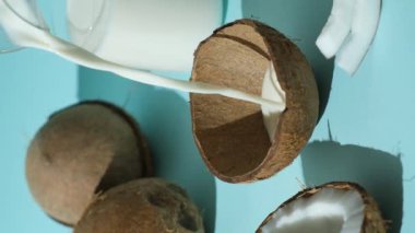 Sağlıklı vejetaryen hindistan cevizi sütü mavi arka planda hindistan cevizi kabuğuna dökülüyor. Dikey ağır çekim.