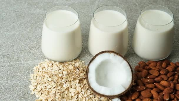 Typer Växtbaserad Vegansk Mjölk Glas Havregryn Kokos Och Mandel — Stockvideo