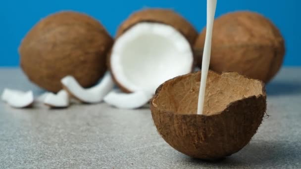 健康的なビーガンココナッツミルク半分のココナッツシェルに注ぐ ミルクのスローモーションのスプラッシュ — ストック動画