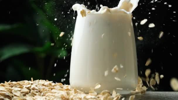 Havregryn Falder Glas Havremælk Stænk Mælk Sort Baggrund Slow Motion – Stock-video