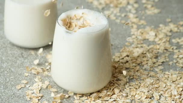 Oatmeal Falling Glass Oat Healthy Milk Slow Motion — Stock Video