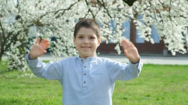 Six Year Old Boy Waving His Hands Hello Bye While — Stock Video