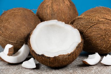 Hindistan cevizi ve yarım hindistan cevizi, yakın plan mavi ve gri..