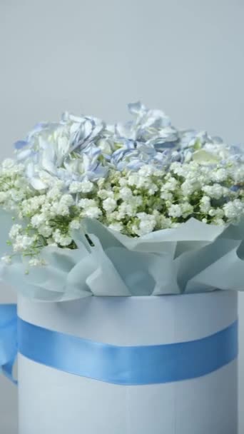 Bouquet Flowers Made Hydrangeas Gypsophila Spinning White Background Vertical Shooting — Video