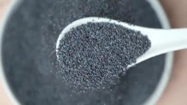 Ham haşhaş tohumları kaşıktan dökülüyor, üst manzara, yavaş çekim