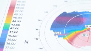 Keratoconus 'lu bir hastada korneanın kalınlığı ve eğriliğinin incelenmesinin sonuçları.