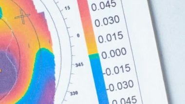 Keratoconus 'lu bir hastada korneanın kalınlığı ve eğriliğinin incelenmesinin sonuçları.