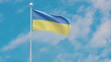 Gökyüzüne karşı Ukrayna bayrağı, 3D render 4K.