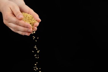 Eller, metin için siyah arkaplan boşluğuna çiğ bulgur gevrekleri döküyor.