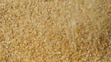 Çiğ pişmemiş buğday Groats dökülüyor, makro yavaş çekim